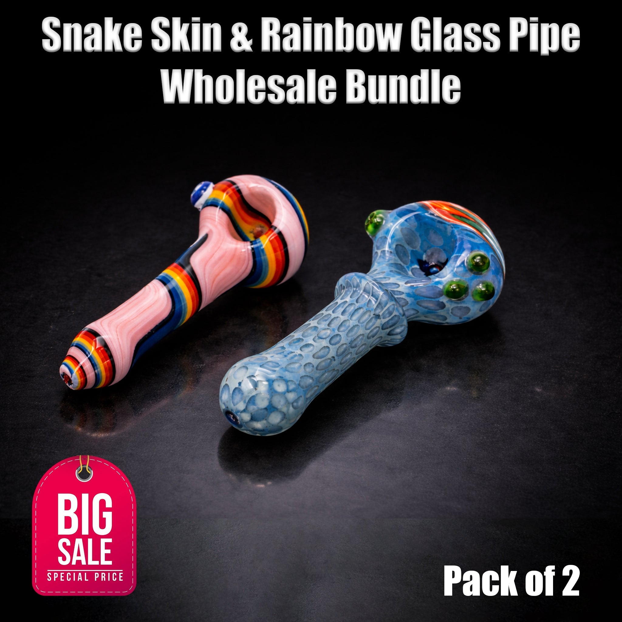 Snake Skin & Rainbow Glass Pipe Wholesale Bundle – 2 Pack StonedGenie.com
