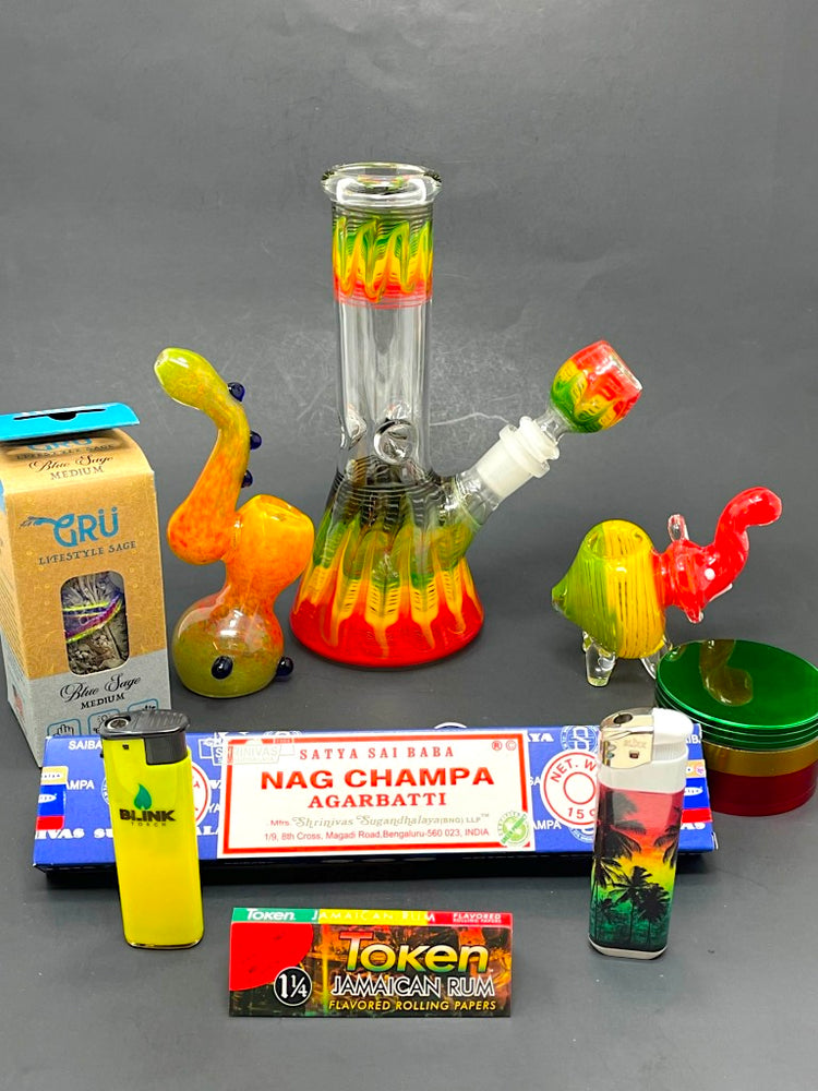 "One Love" Rasta Beaker Bong Combo Set