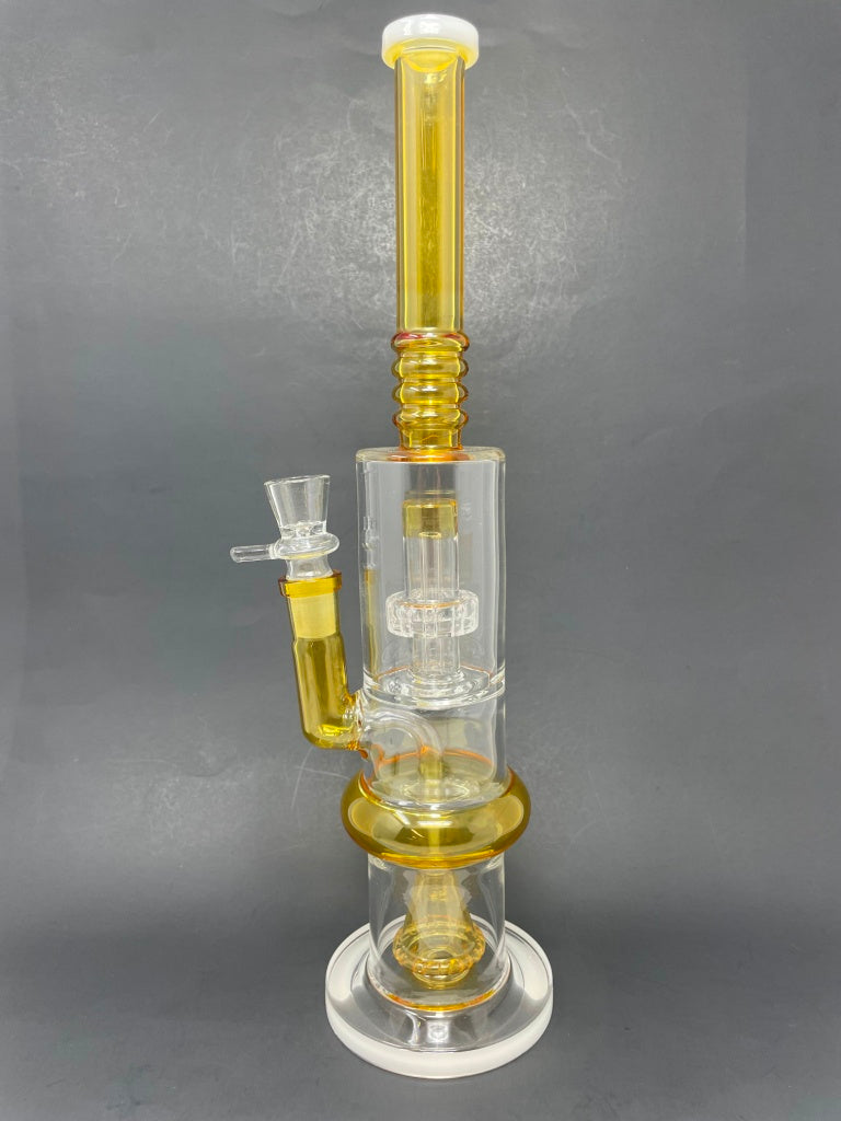 16"Yellow & White Flat Base Double Percolator Bong