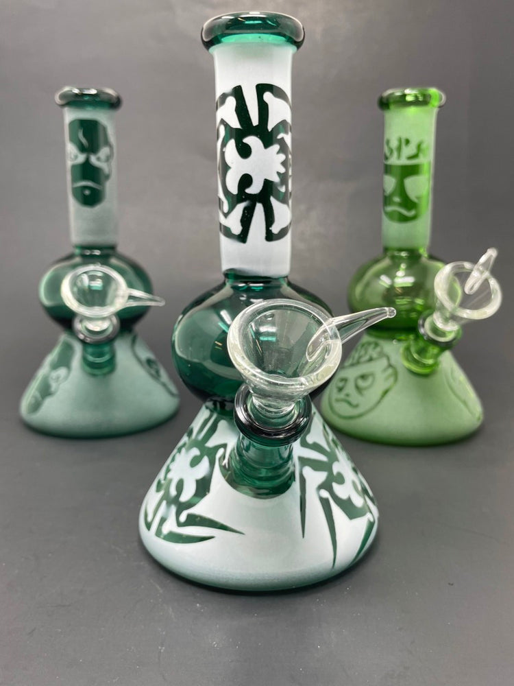 7" Assorted Aqua/Green Sandblasted Design Bongs