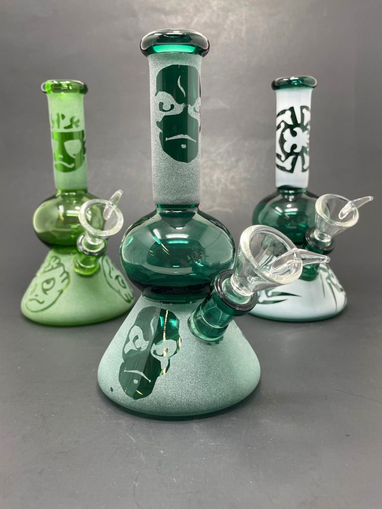 7" Assorted Aqua/Green Sandblasted Design Bongs