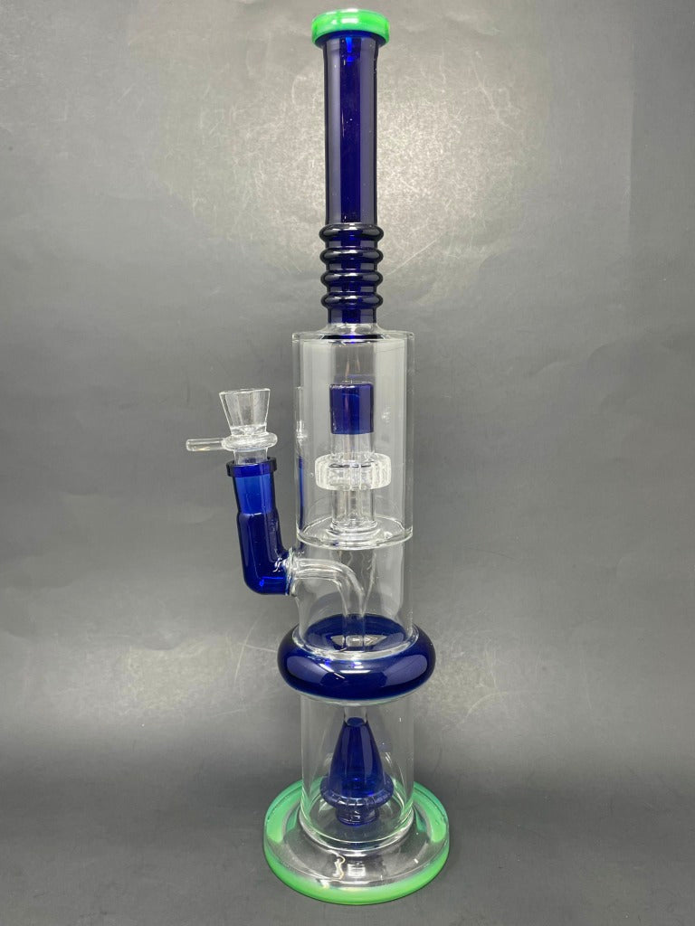 16" Blue & Green Flat Base Double Percolator Bong