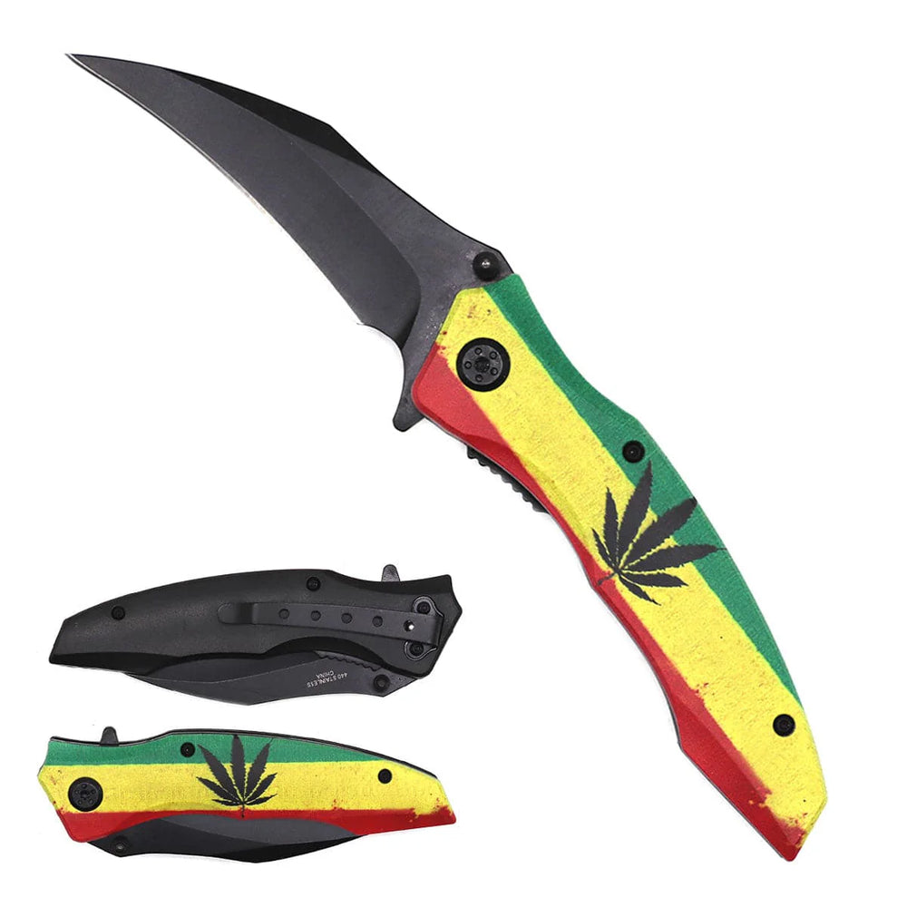 4.5" Assisted Folding Knife with Rasta-Style Cannabis Handle Print