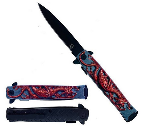 4.5" Dragon Motif Embossed Assisted Folding Knife - Red