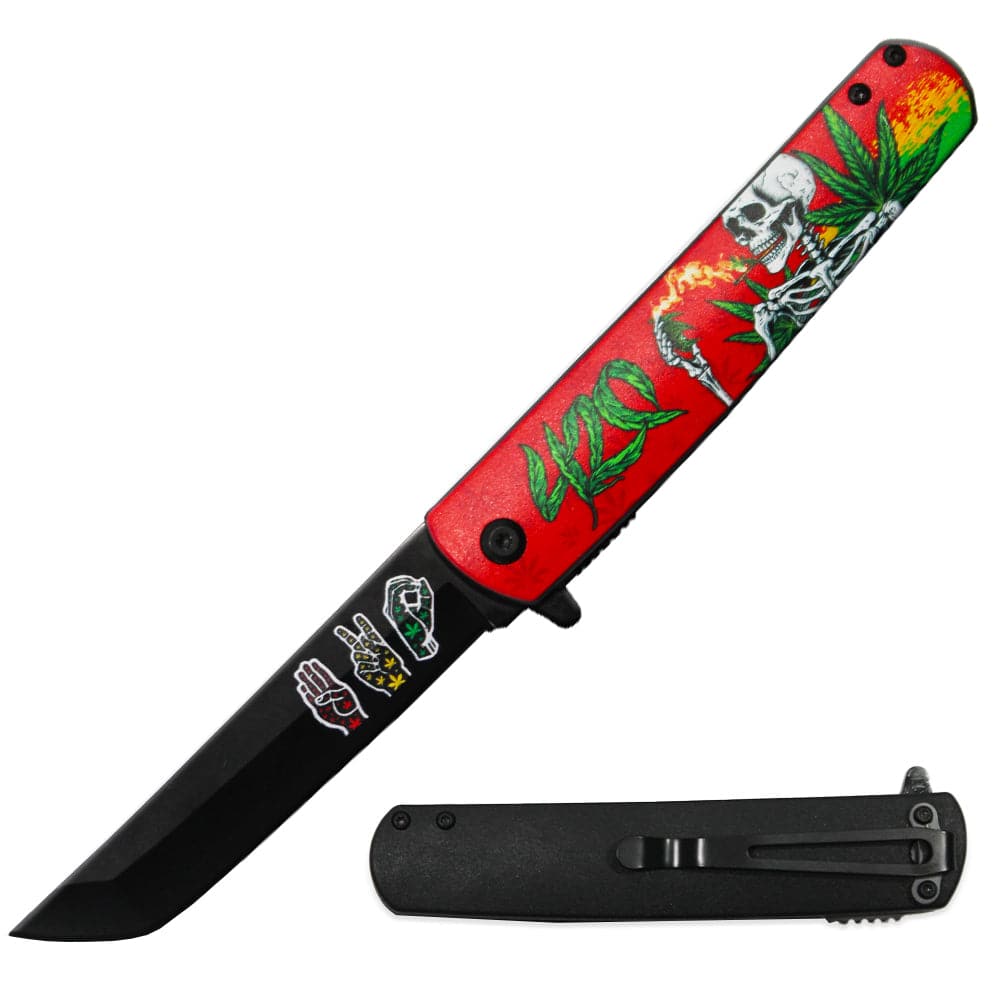 4.5-Inch Tanto Blade Pocket Knife with Cannabis Metal Handle- Red