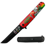 4.5-Inch Tanto Blade Pocket Knife with Cannabis Metal Handle- Red