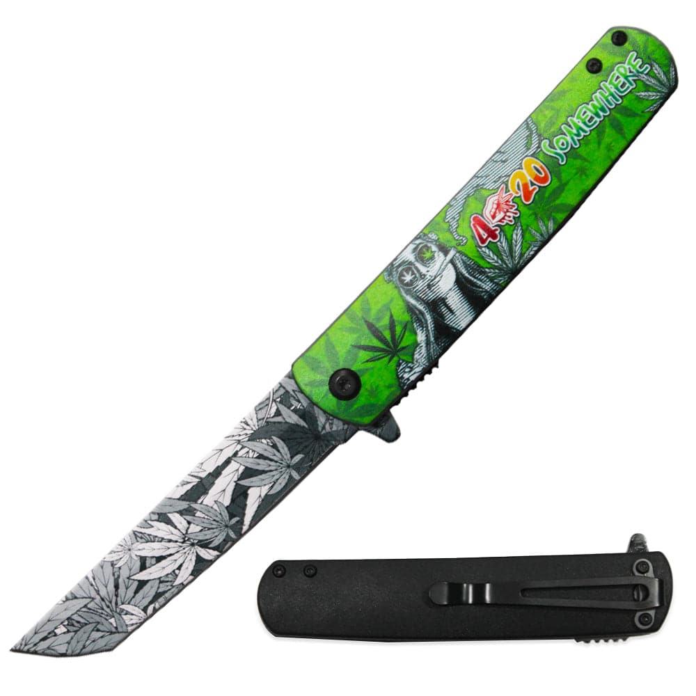 4.5-Inch Tanto Blade Pocket Knife with Cannabis Metal Handle- Green