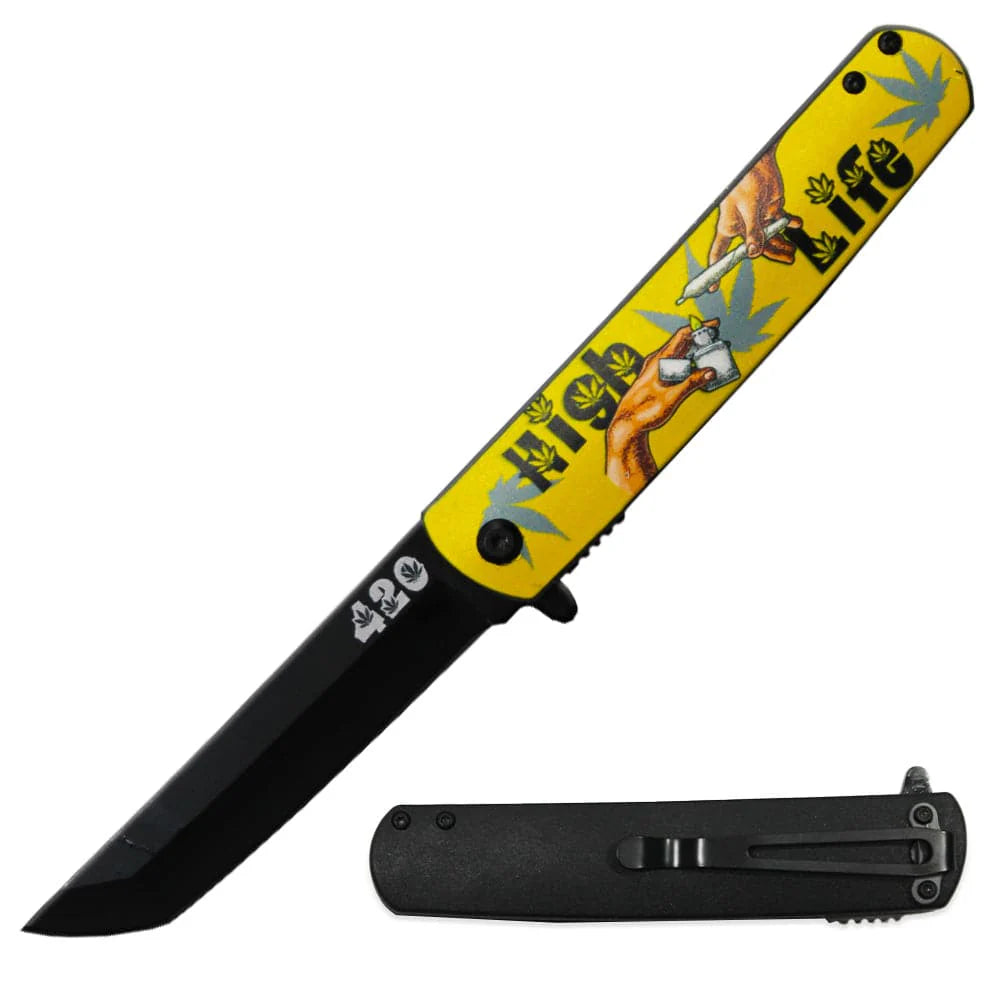 4.5" Tanto Blade Pocket Knife w/ Cannabis Design Metal Handle- Yellow