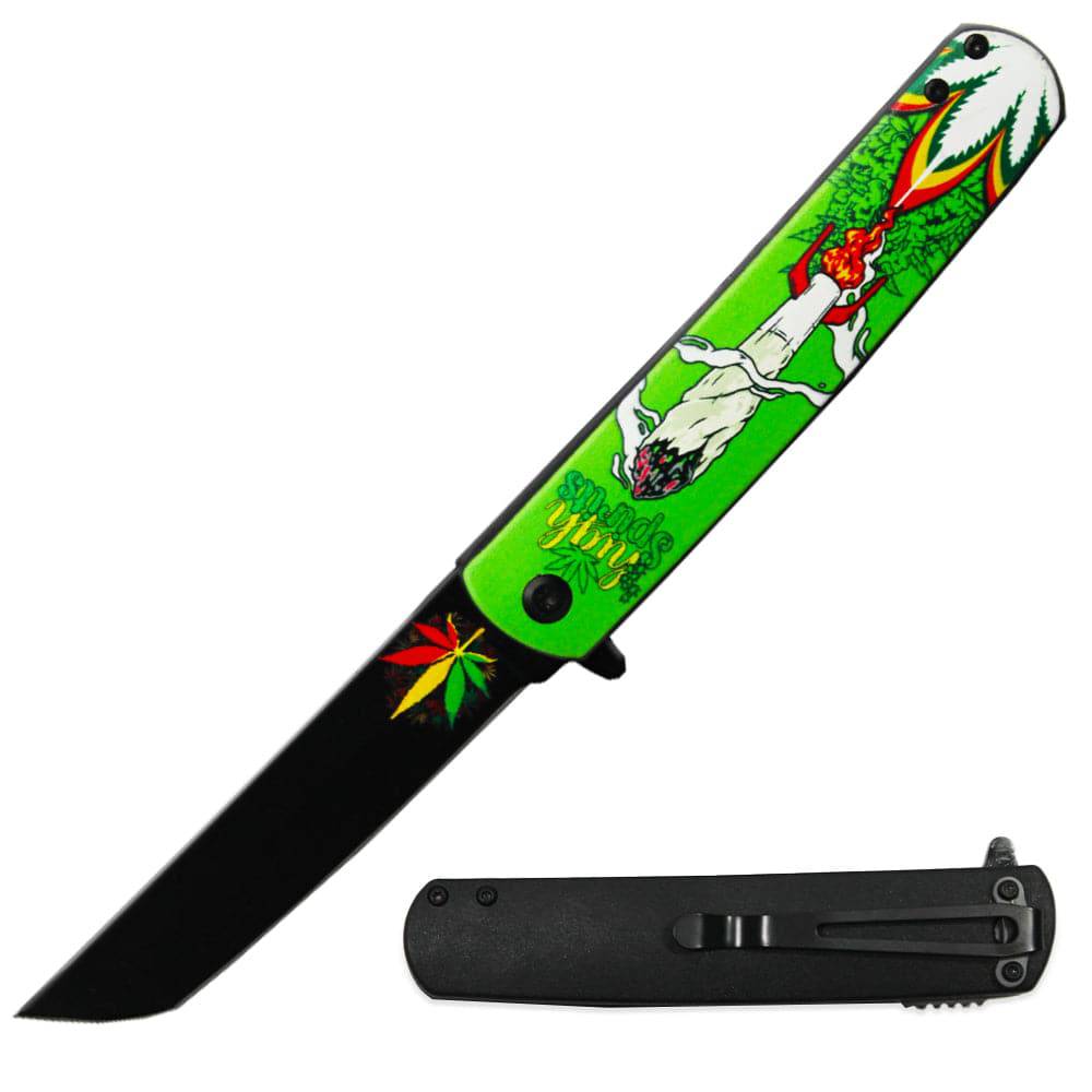 4.5" Tanto Blade Pocket Knife w/ Cannabis Design Metal Handle- Green