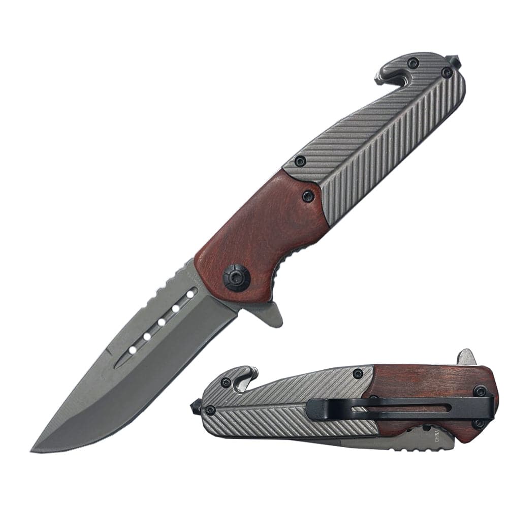 4.5" Tactical Folding Knife with Metal & Wood Handle - Assisted Opening