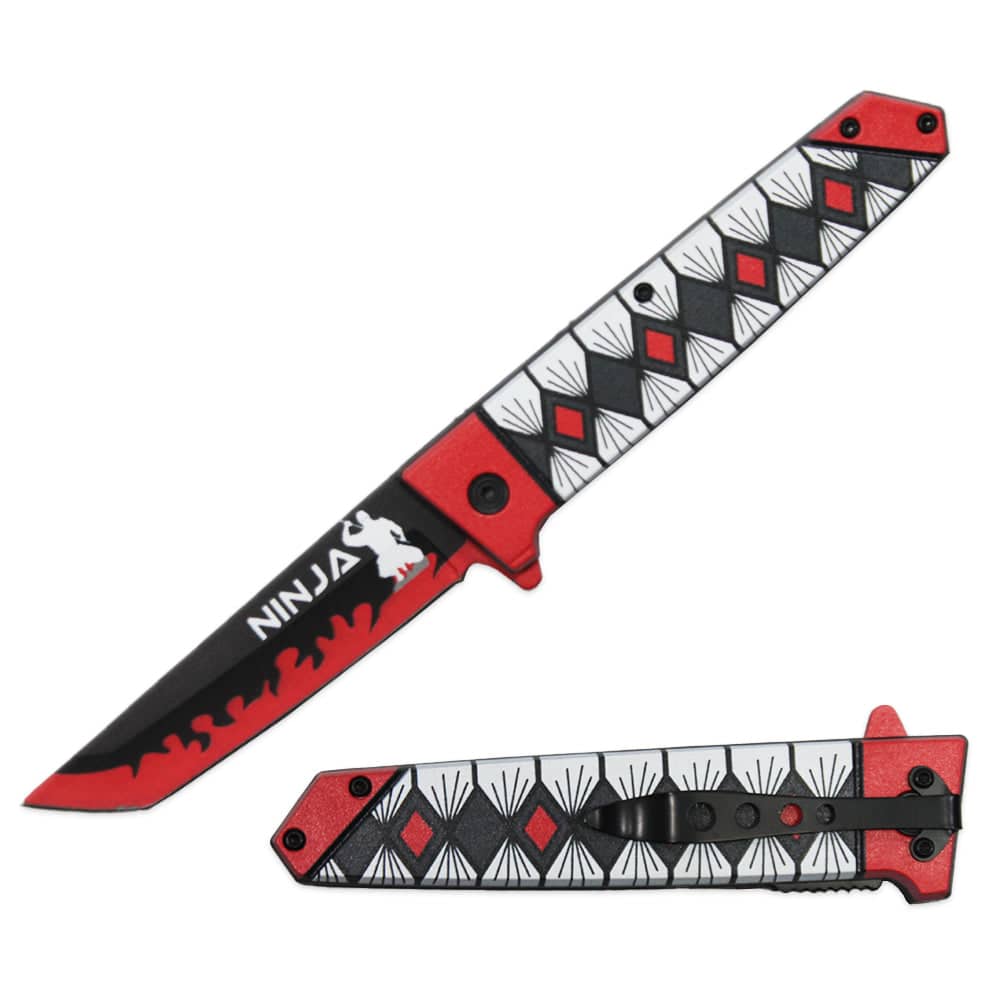 5" Ninja Series Red and Black Assisted-Opening Folding Knife W/ Belt Clip