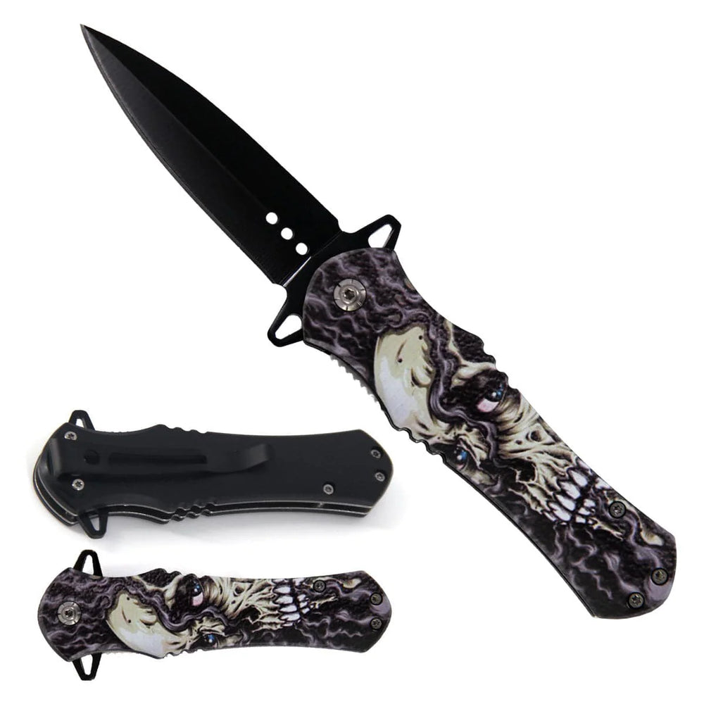 4.63" Skull-Themed Handle Folding Knife W/ belt clip