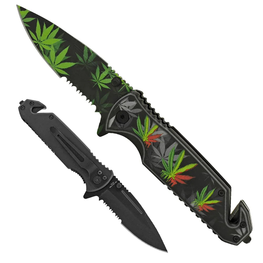 Premium 4.75-Inch Rasta-Style Marijuana Leaf Rescue Knife w/ belt clip