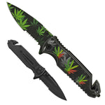 Premium 4.75-Inch Rasta-Style Marijuana Leaf Rescue Knife w/ belt clip