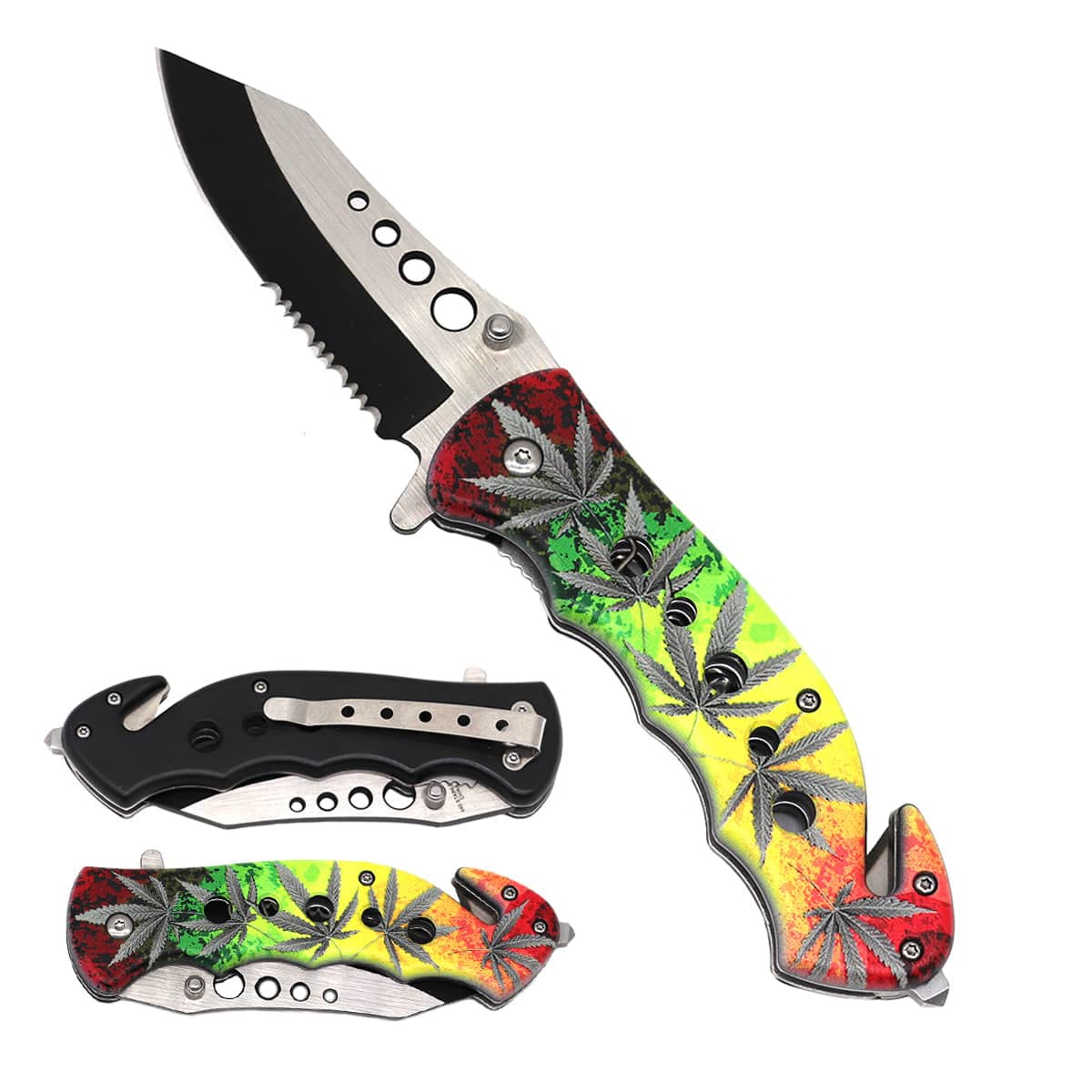 5" Premium Tactical Folding Knife with Serrated Blade and Cannabis Leaf Motif