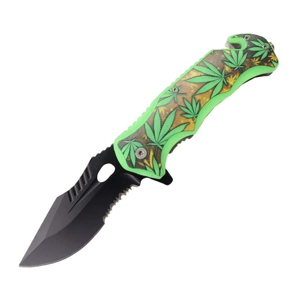 4.5" Glow-In-The-Dark Assisted-Opening Folding Knife with Marijuana Leaf Design