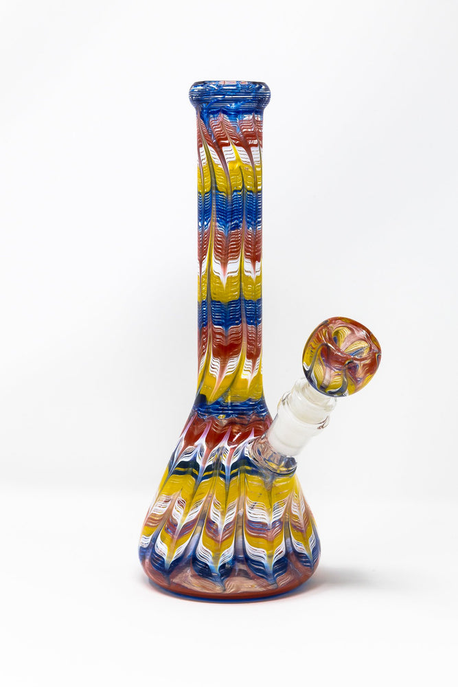 Dark Goldenrod 10" Heavy Glass Beaker Base Blue/Yellow/Red Designer Bong StonedGenie.com Bong