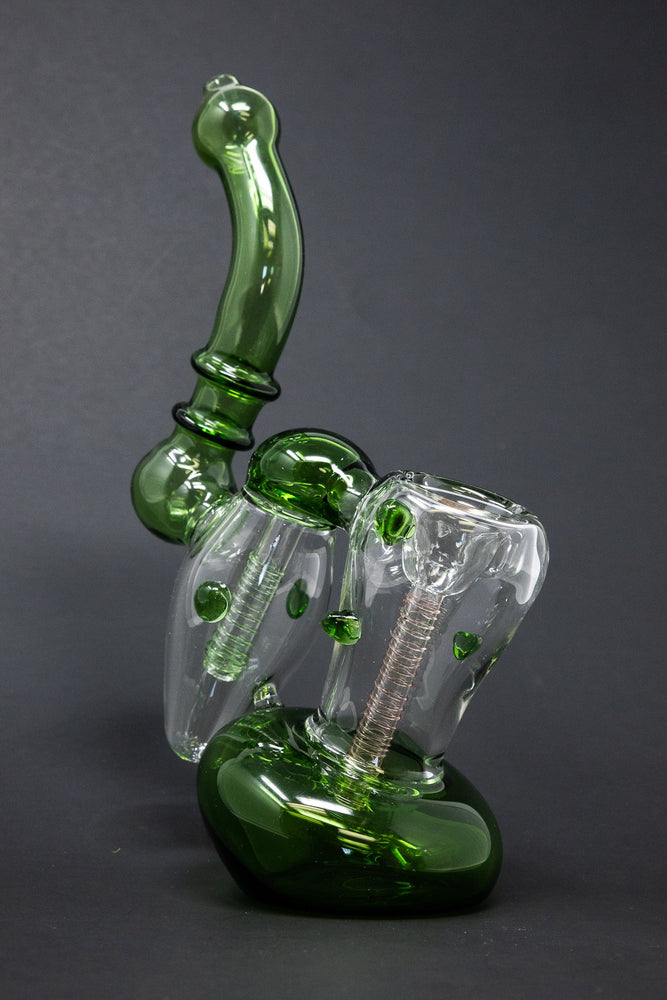 7" Premium Heavy Green Double Chamber Bubbler w/ Carb Hole