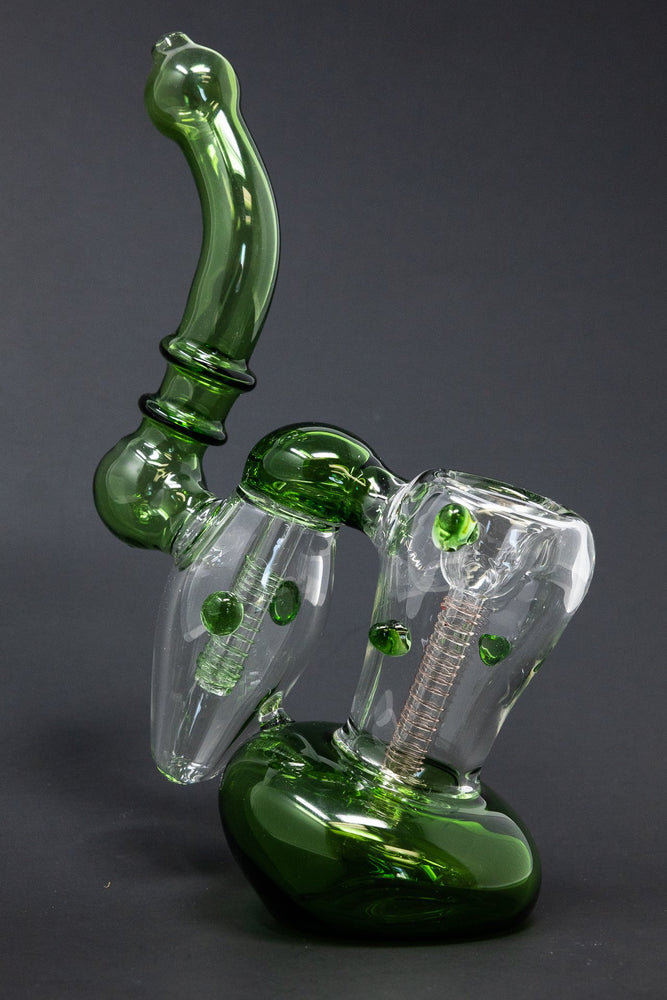 7" Premium Heavy Green Double Chamber Bubbler w/ Carb Hole
