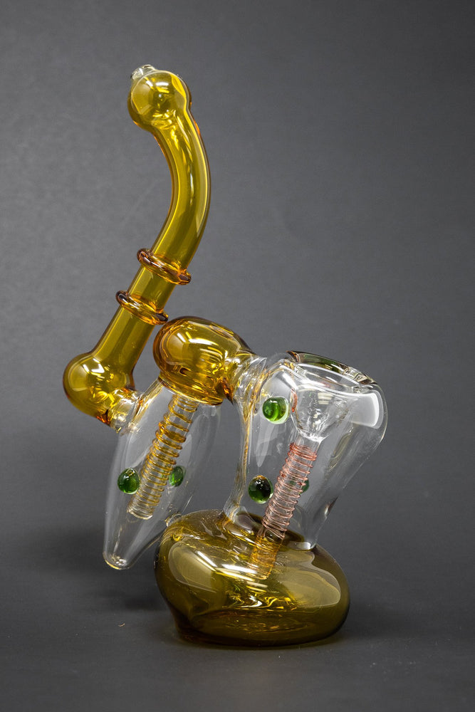 7" Premium Heavy Amber Double Chamber Bubbler w/ Carb Hole
