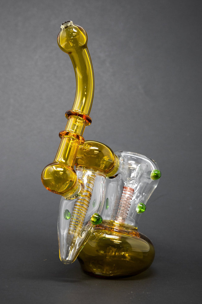 7" Premium Heavy Amber Double Chamber Bubbler w/ Carb Hole