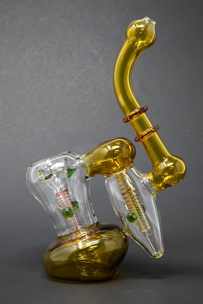 7" Premium Heavy Amber Double Chamber Bubbler w/ Carb Hole