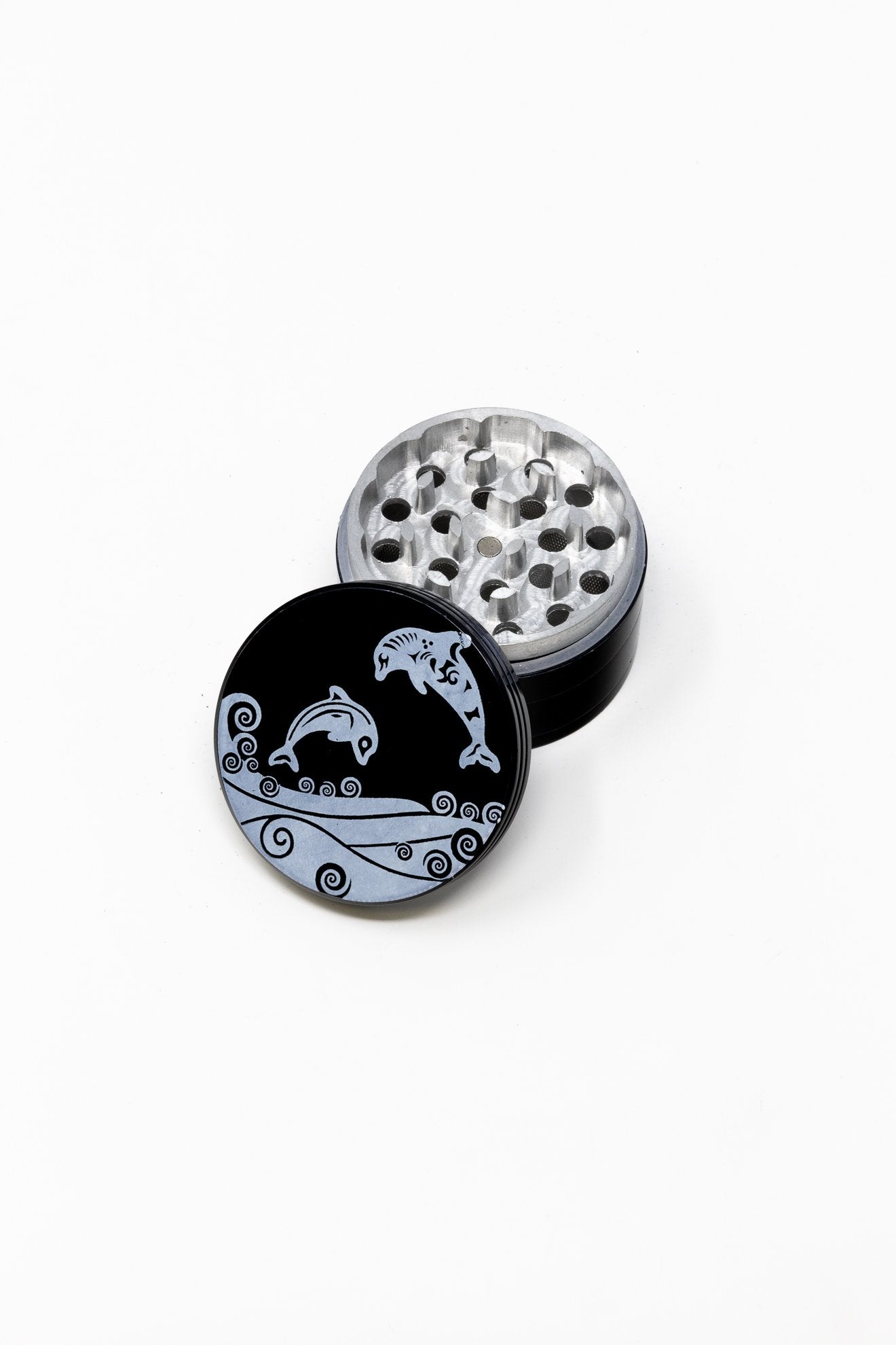 Black 4 pc Black Twin Dolphin Magnetic Metal Grinder w/ Sharp Teeth