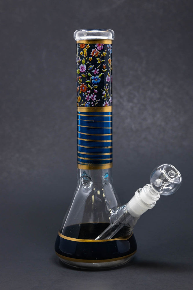 10" Dark Blue Floral Beaker Bong w/ Ice Catcher