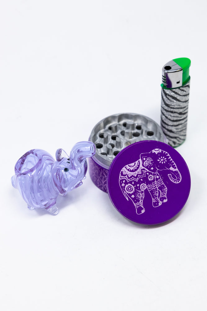 3" Purple Elephant Glass Hand Pipe w/ Lighter & Grinder