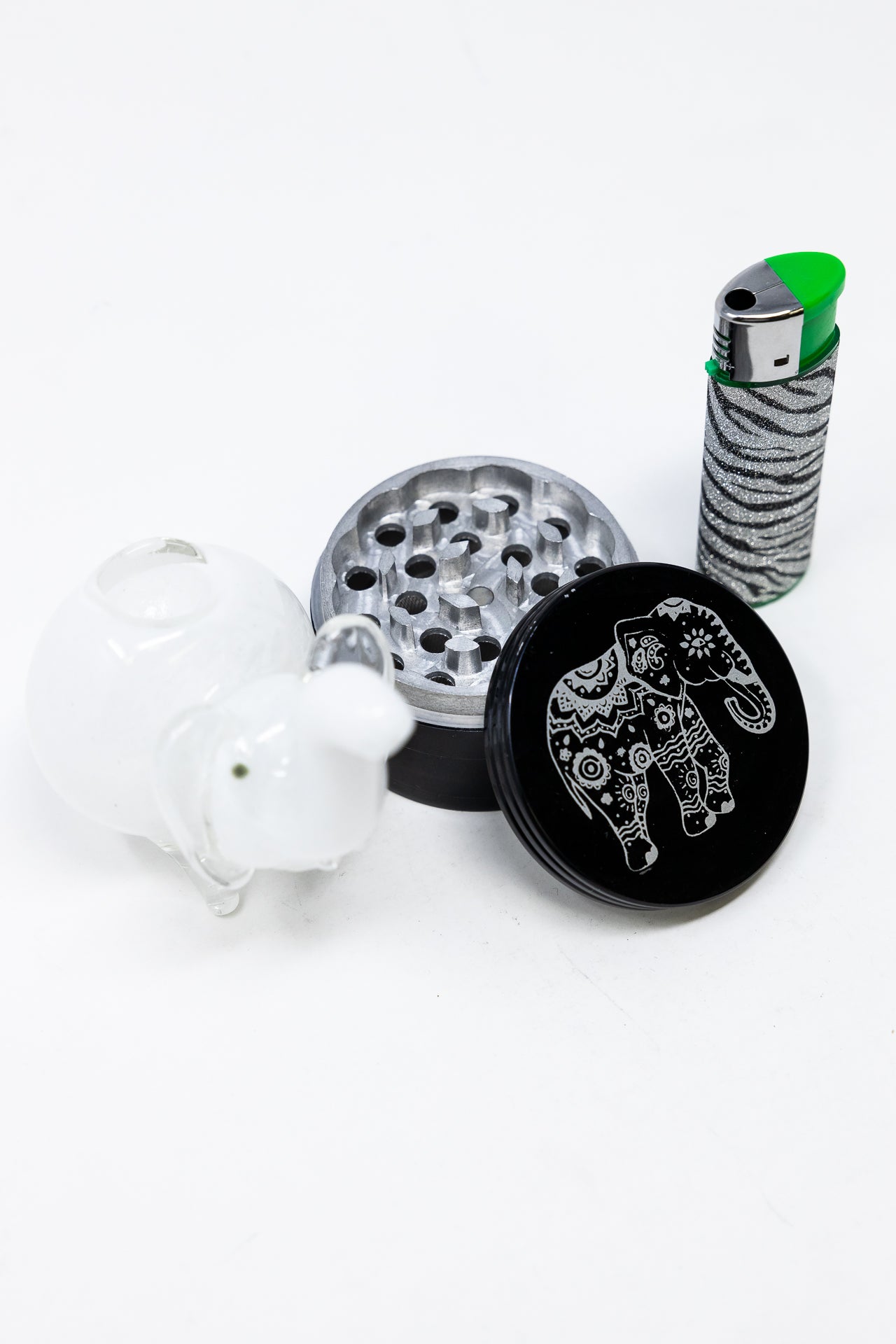 4" White Elephant Glass Hand Pipe w/ Lighter & Grinder