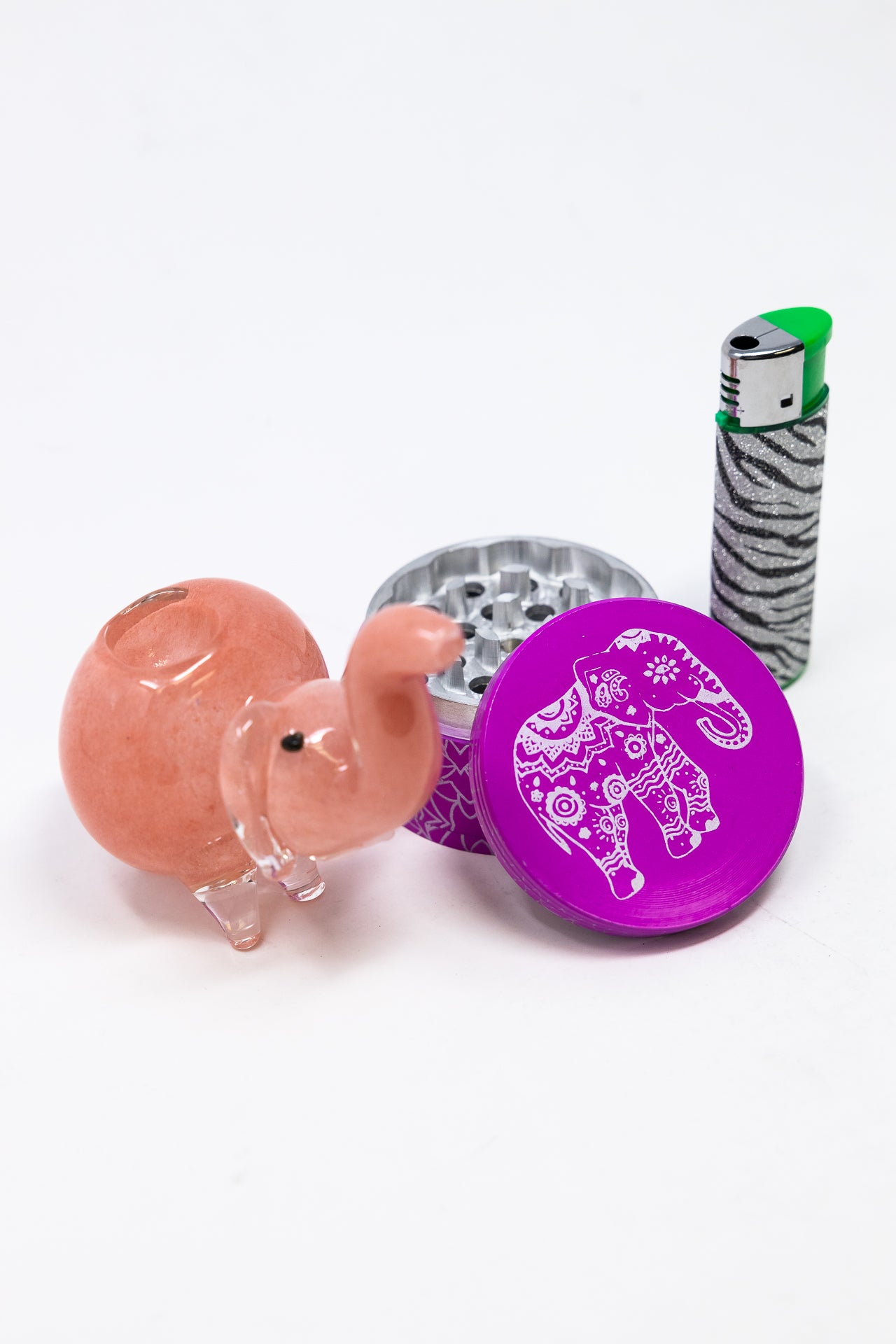 4" Pink Elephant Glass Hand Pipe w/ Lighter & Grinder