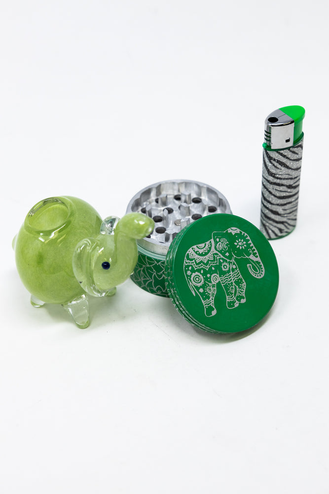 3" Green Elephant Glass Hand Pipe w/ Lighter & Grinder