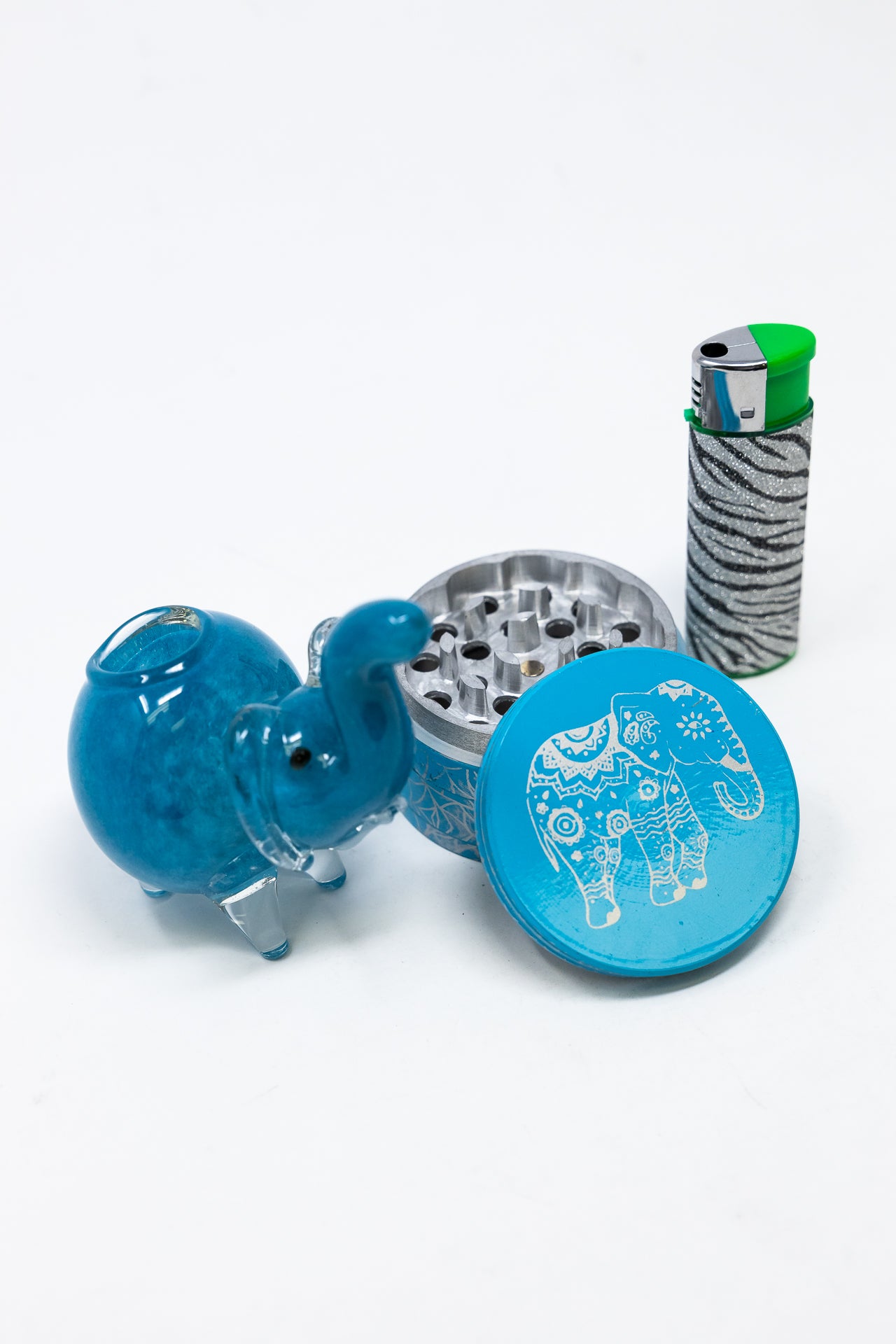 4" Teal Elephant Glass Hand Pipe w/ Lighter & Grinder