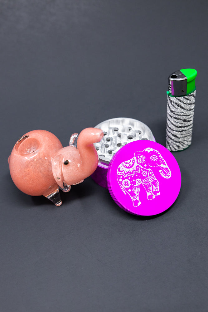 4" Pink Elephant Glass Hand Pipe w/ Lighter & Grinder