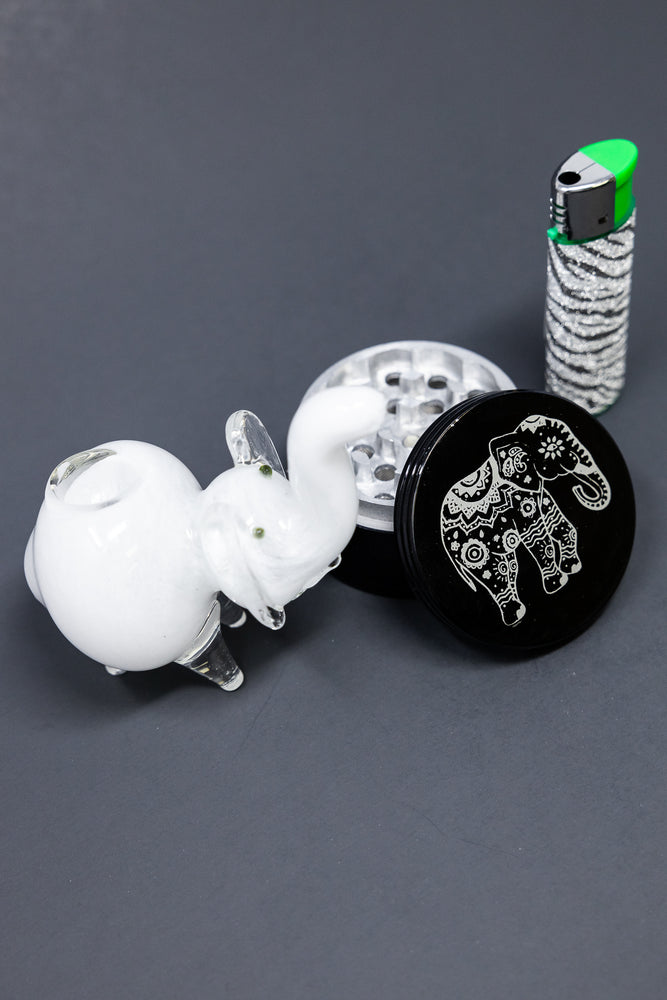 4" White Elephant Glass Hand Pipe w/ Lighter & Grinder