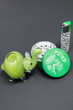3" Green Elephant Glass Hand Pipe w/ Lighter & Grinder