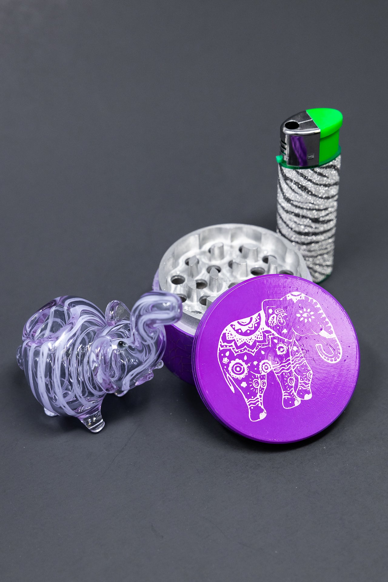 3" Purple Elephant Glass Hand Pipe w/ Lighter & Grinder