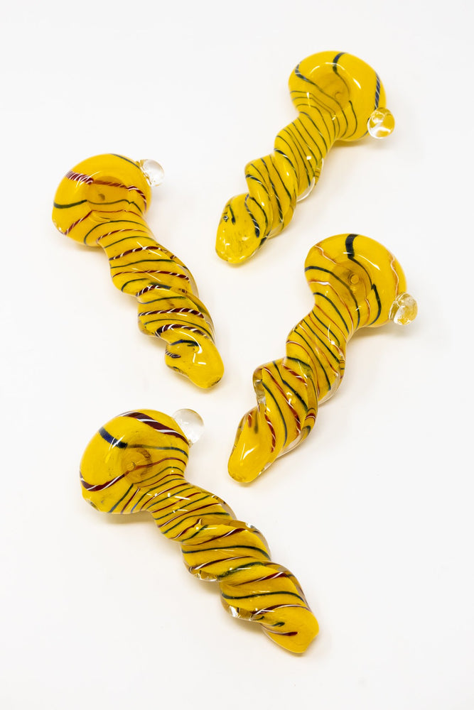 Gold 5" Yellow Twisted Thick Glass Spoon Hand Pipe w/ Carb Hole StonedGenie.com Glass Pipes